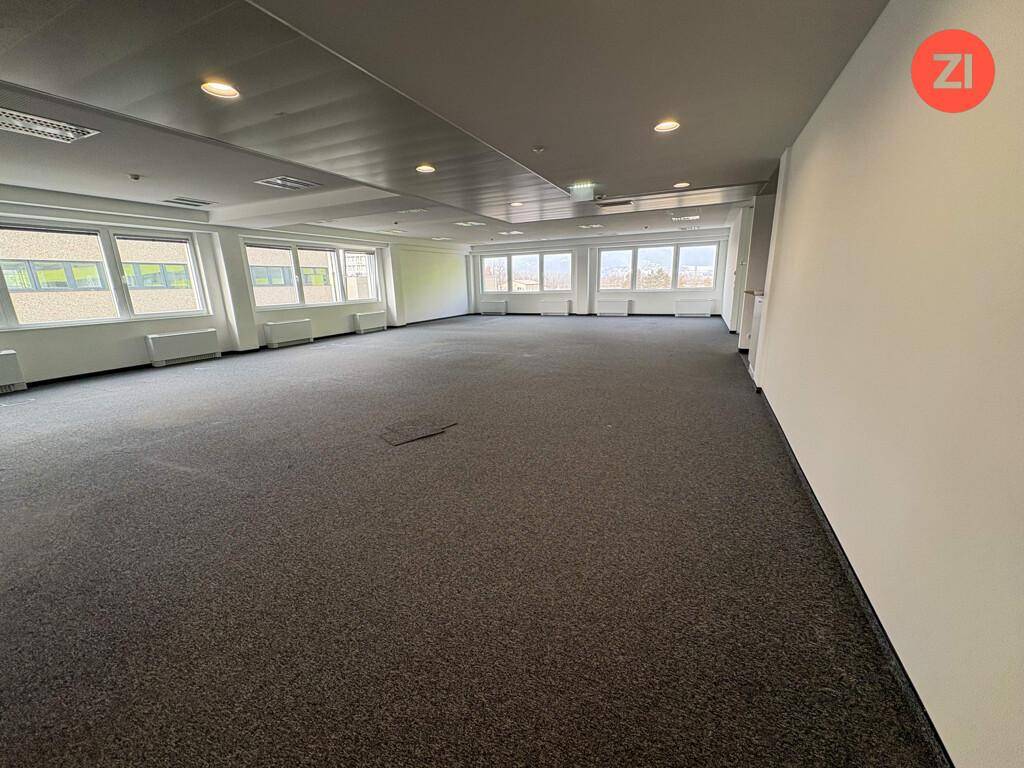 Weitläufiges, leeres Büro mit dunklem Teppichboden, vielen Fenstern und moderner Deckenbeleuchtung.