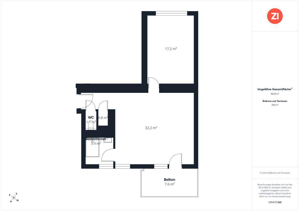 Grundrissplan einer Wohnung mit Balkon, separatem WC und Badezimmer.