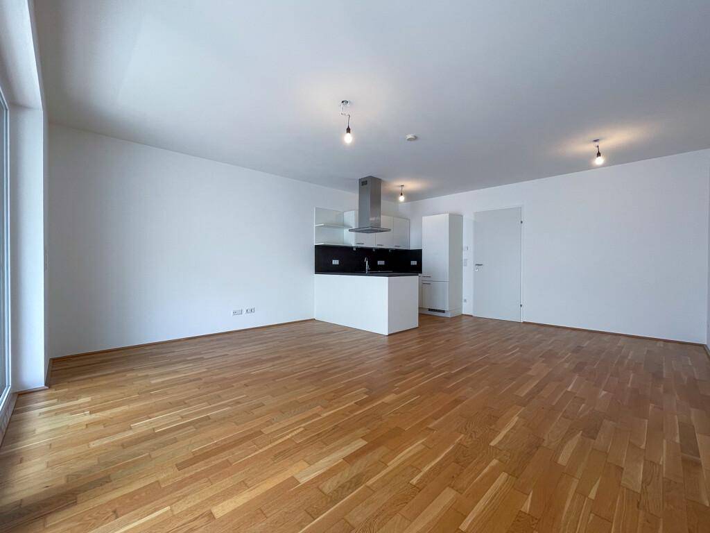 Heller Wohn- und Essbereich mit moderner Einbauküche und viel Tageslicht.