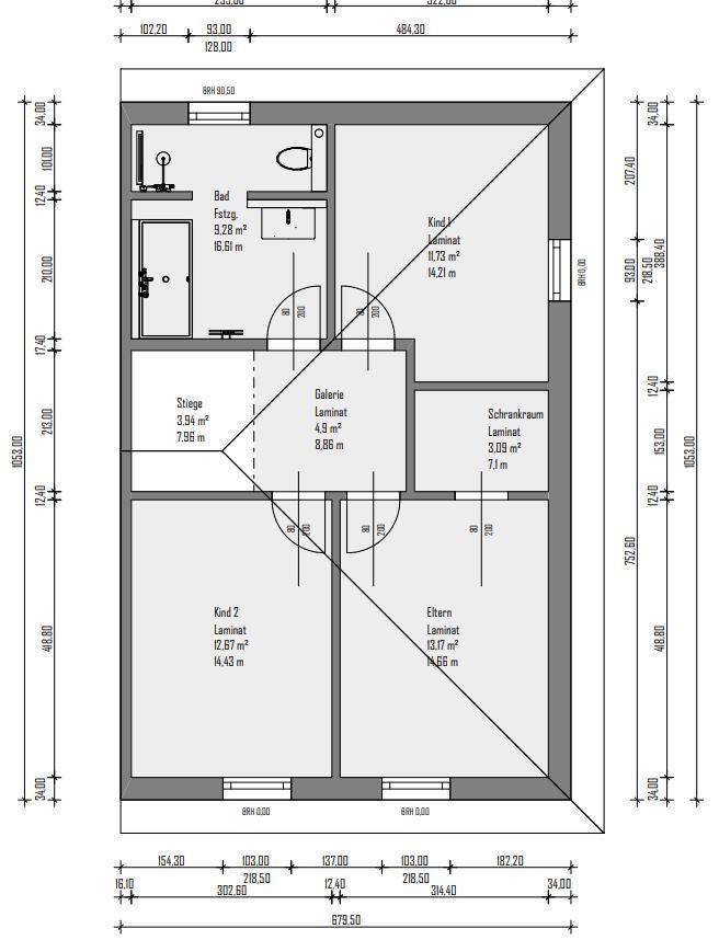 Grundriss des Obergeschosses mit drei Schlafzimmern, Bad und Galeriebereich.