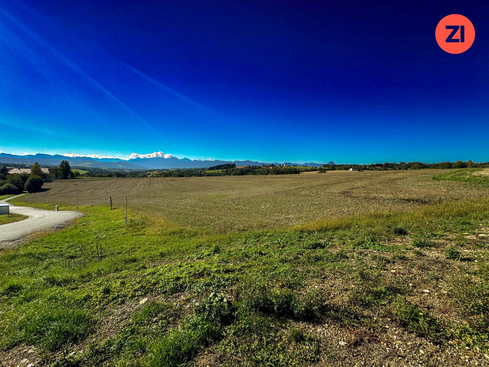 Panoramablick über grüne Hügel und Felder mit einer Straße, im Hintergrund zeichnen sich ferne Berge ab.