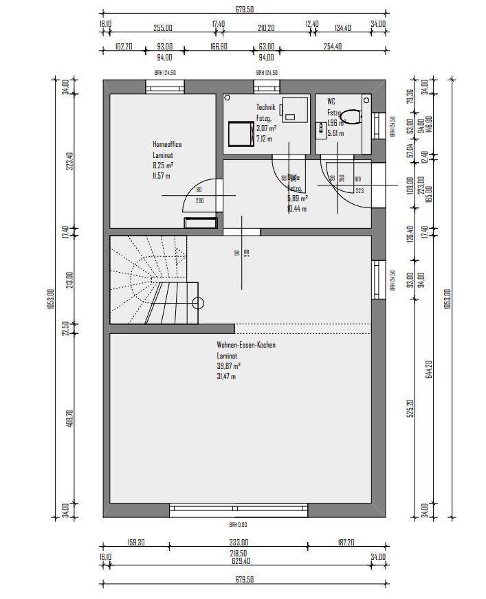 Grundriss des Erdgeschosses mit offenem Wohn-Ess-Kochbereich, Homeoffice und Technikraum.
