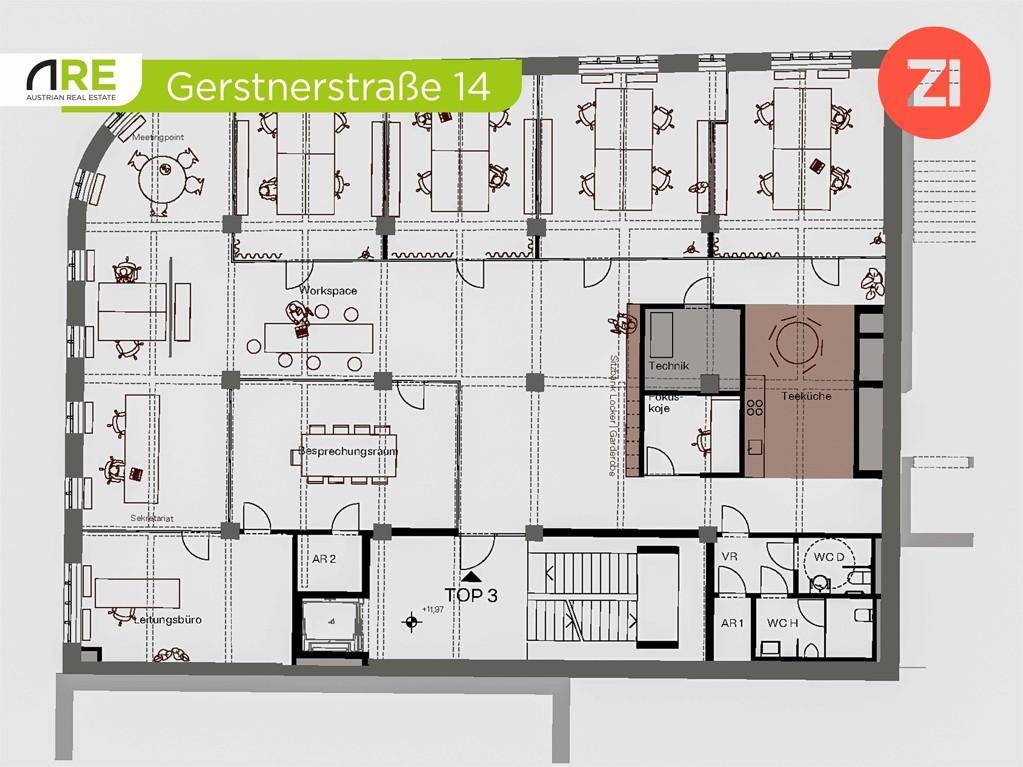 Grundrissplan für die oberste Büroetage mit modernen Arbeitsplätzen und Sanitäranlagen.