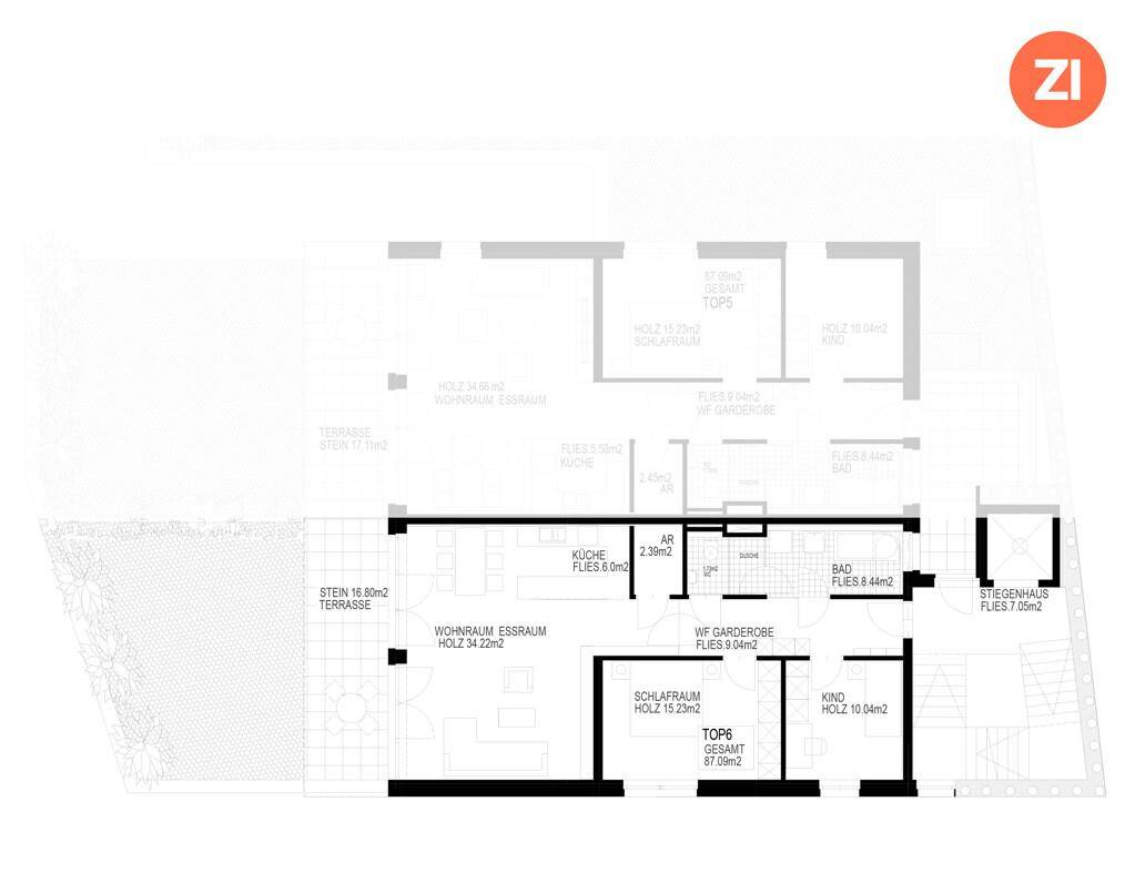 Grundrissplan zeigt eine Wohnung mit offenem Wohn-Essbereich, zwei Schlafzimmern und großer Terrasse.
