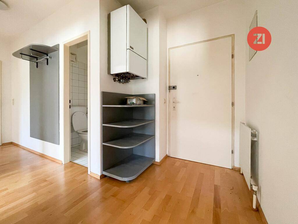 Eingangsbereich mit Parkettboden, Wandheizung und Zugang zu einem separaten WC.