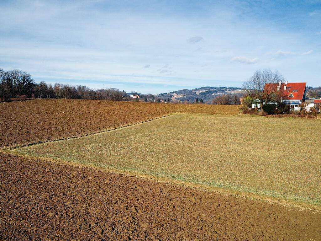 Offene Ackerflächen mit einem Wohnhaus und bewaldeten Hügeln im Hintergrund unter klarem Himmel.
