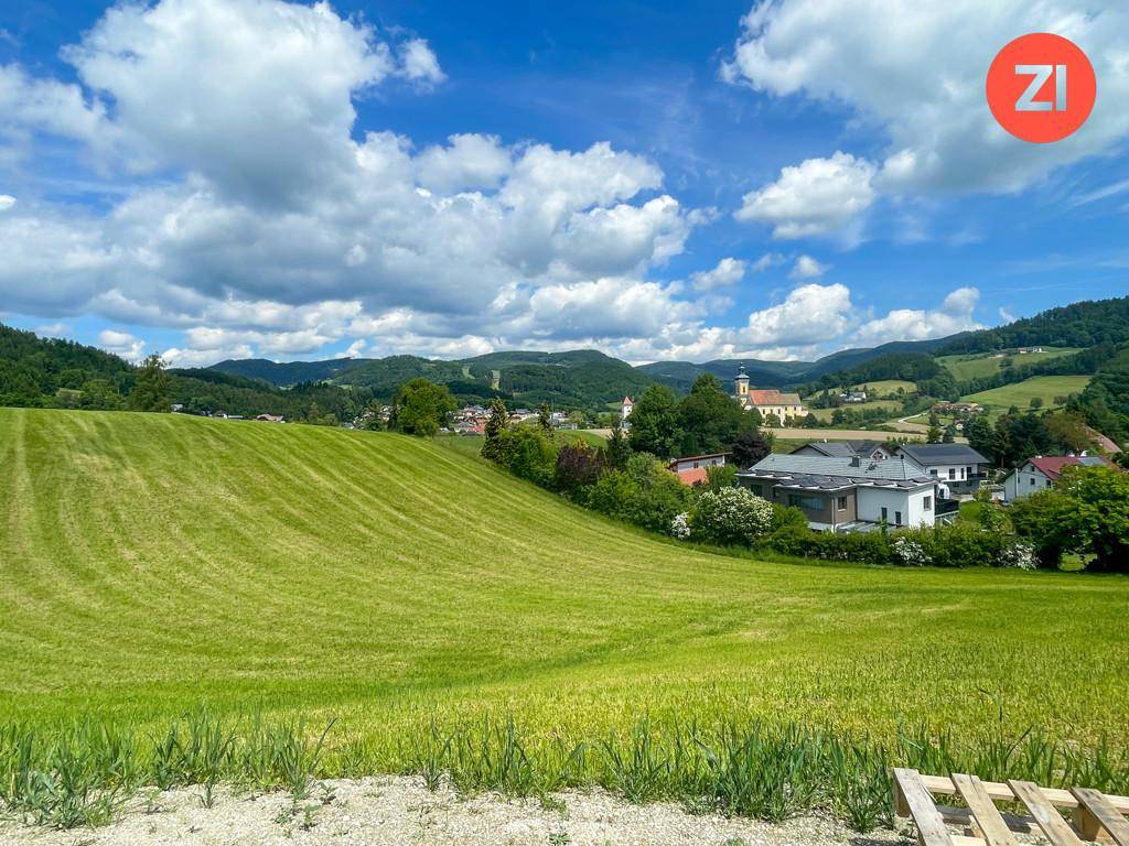 Panoramablick über weite grüne Felder, ein charmantes Dorf mit Kirche und eine beeindruckende Bergkulisse.