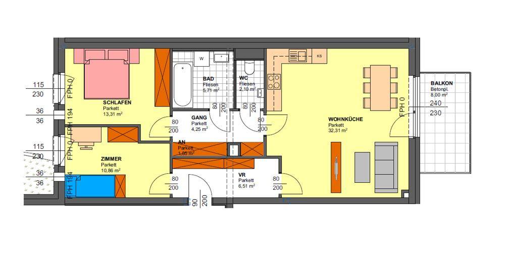 Detaillierter Grundriss einer Wohnung mit drei Zimmern, Bad, WC und Balkon.