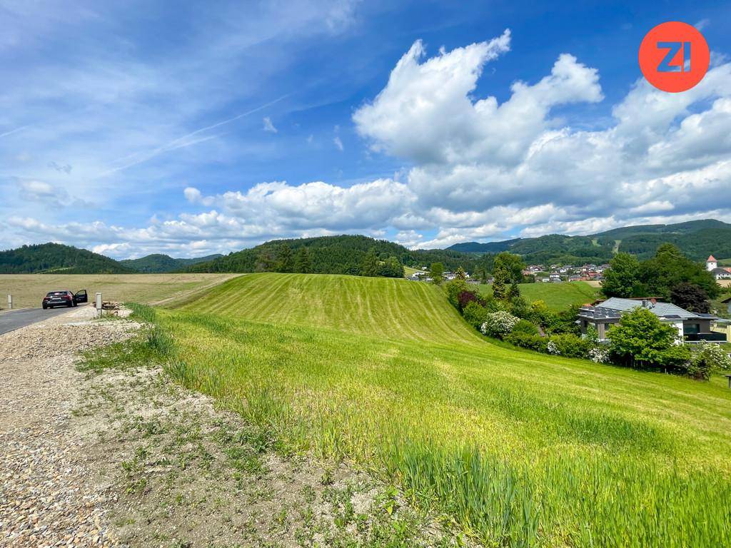 Weitläufige grüne Landschaft mit sanften Hügeln, einer Straße und einem Dorf in der Ferne unter blauem Himmel.