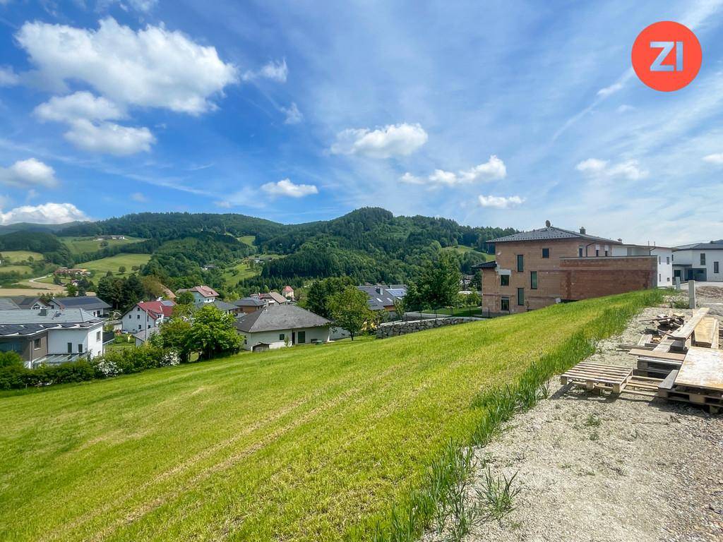 Grüne Hanglage mit Blick auf moderne Häuser und bewaldete Berge in der Ferne unter einem sonnigen Himmel.