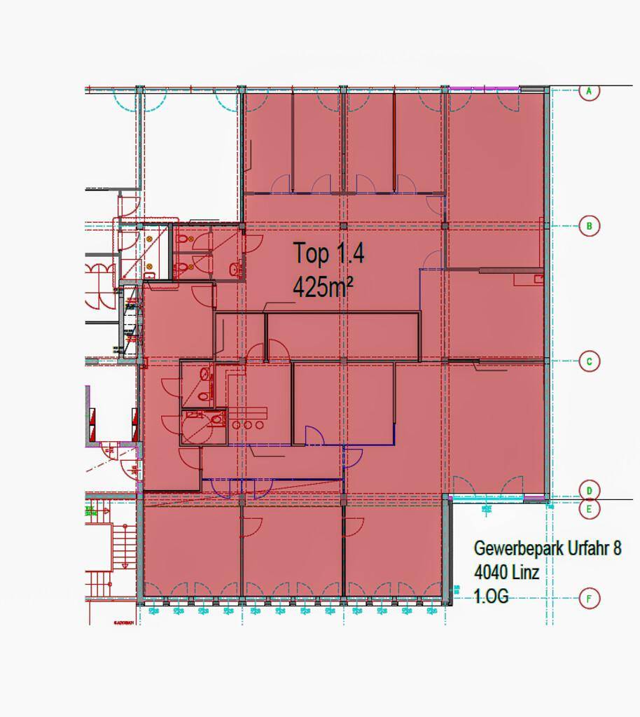 Grundriss eines Gewerbeparks mit mehreren Büroräumen und einer Gesamtfläche von 425m² im ersten Obergeschoss.
