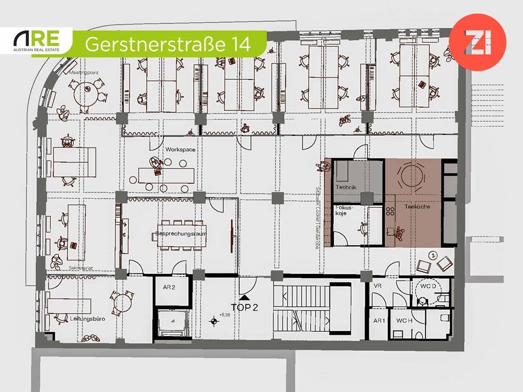 Grundrissplan für eine weitere Büroetage mit flexiblen Arbeitsbereichen und Teeküche.