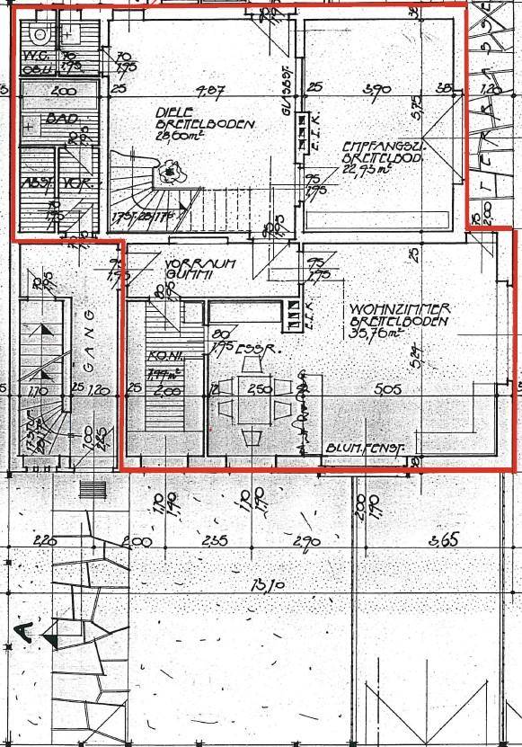 Detaillierter Grundriss mit Wohnzimmer, Diele und Bad, inklusive Maßangaben.