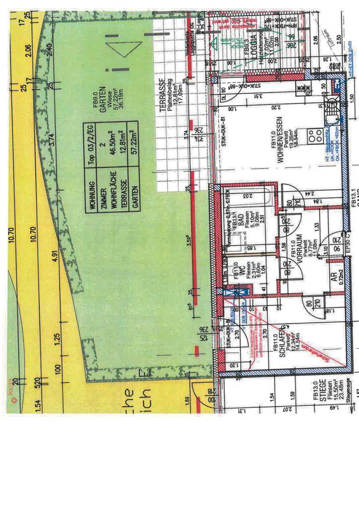 Detaillierter Grundriss einer Wohnung mit Garten, Terrasse, Loggia und offenem Wohnbereich.