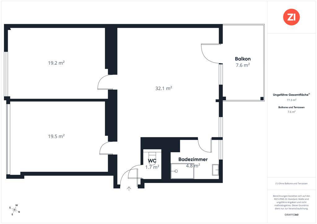 Detaillierter Grundriss der Wohnung mit Raumaufteilung und Flächenangaben in Quadratmetern.