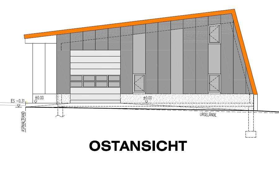 Architektonische Ostansicht des Gebäudes mit schrägem Dach und Fensterdetails.