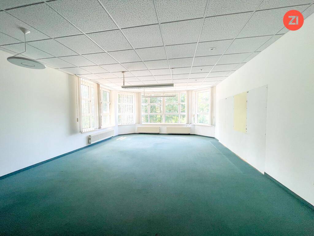 Geräumiger Büroraum mit Teppichboden, großen Fenstern und einer abgehängten Decke, ideal für Arbeitsbereiche.
