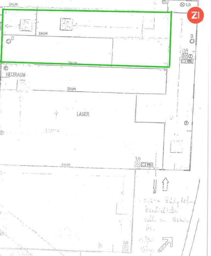 Grundrissplan des Lagerbereichs mit angrenzendem Heizraum und Zaunlinien.