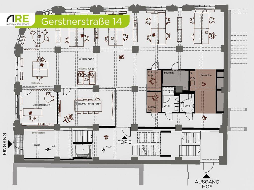 Grundrissplan für das Erdgeschoss mit Empfangsbereich, Büros, Besprechungsräumen und Teeküche.