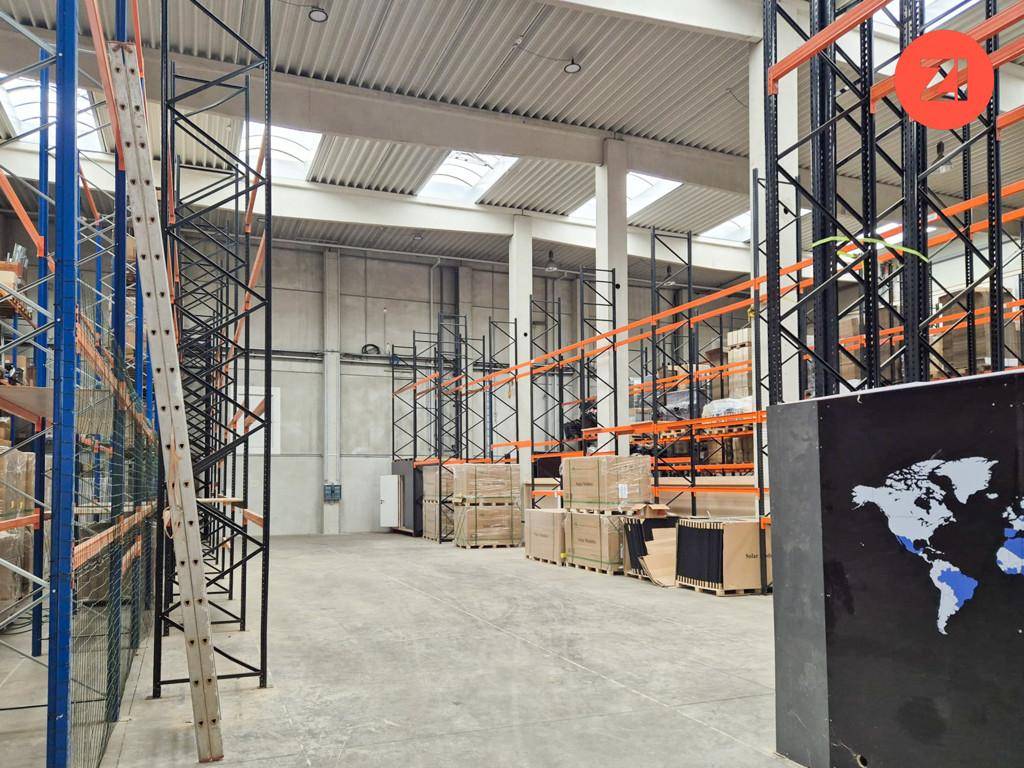 Weitläufige Lagerhalle mit hohen Regalen und Betonboden, beleuchtet durch Oberlichter und mit industriellem Charme.