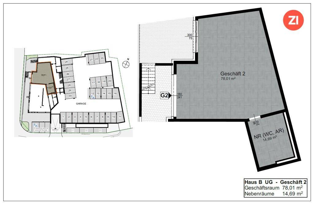 Grundrissplan zeigt eine Geschäftseinheit im Untergeschoss mit WC und Abstellraum sowie eine Tiefgarage mit zahlreichen Stellplätzen.