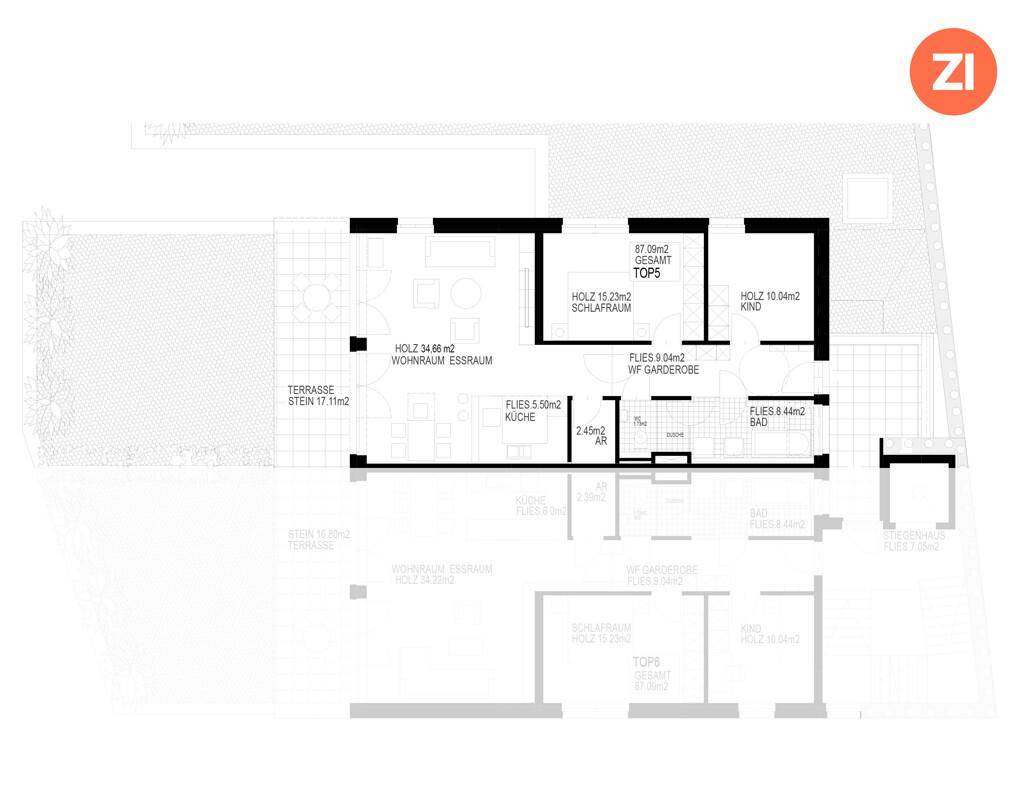 Grundriss einer Wohnung mit offener Wohnküche, zwei Schlafzimmern und großer Terrasse.