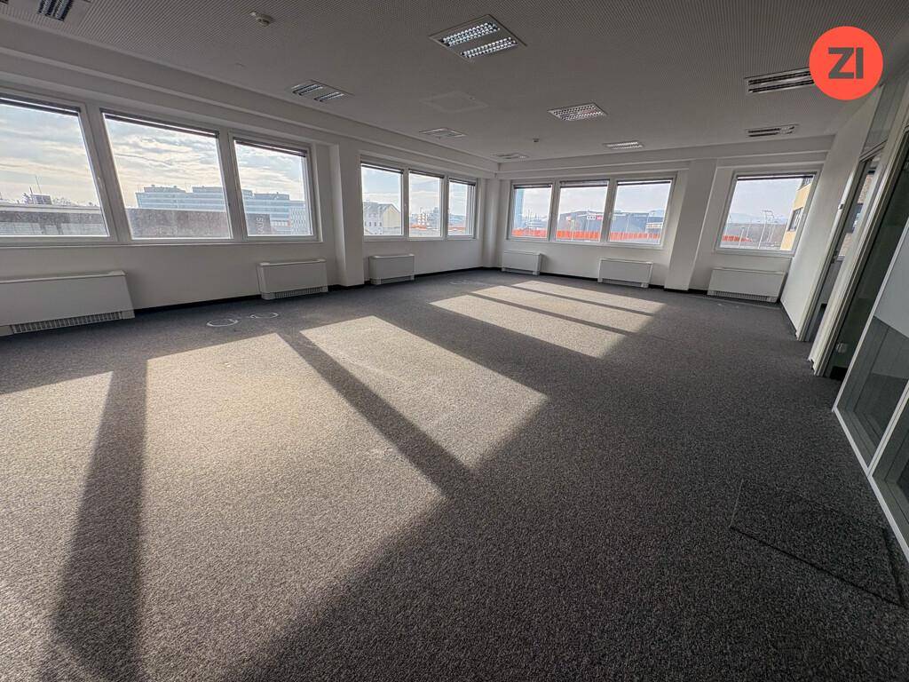 Geräumiges, leeres Büro mit Teppichboden, großen Fenstern und viel natürlichem Licht.
