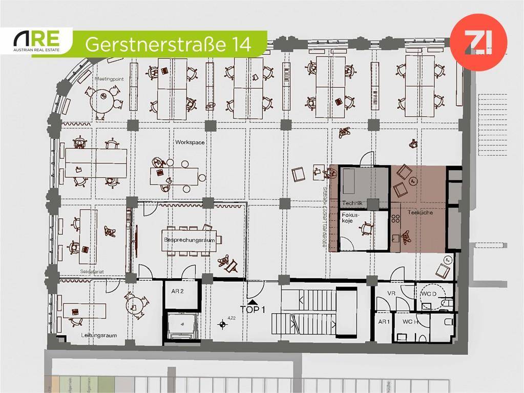 Grundrissplan für eine Büroetage mit Meetingpoint, Workspaces, Besprechungsräumen und Teeküche.