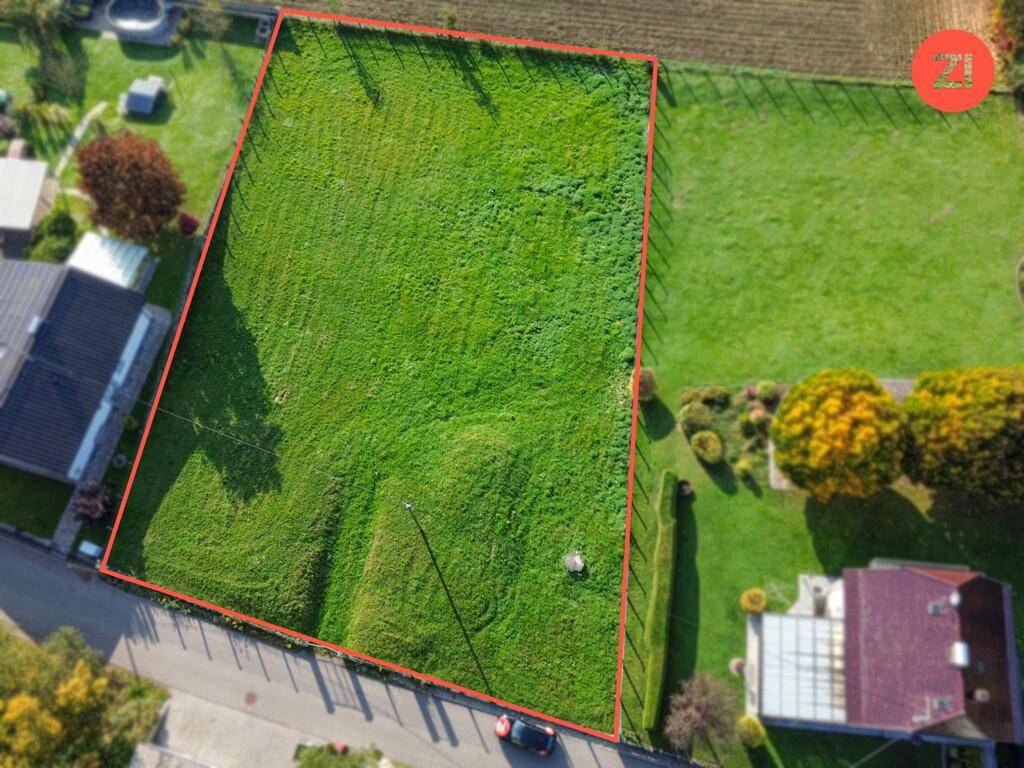 Luftaufnahme eines grünen Grundstücks mit roter Umrandung und angrenzenden Häusern.