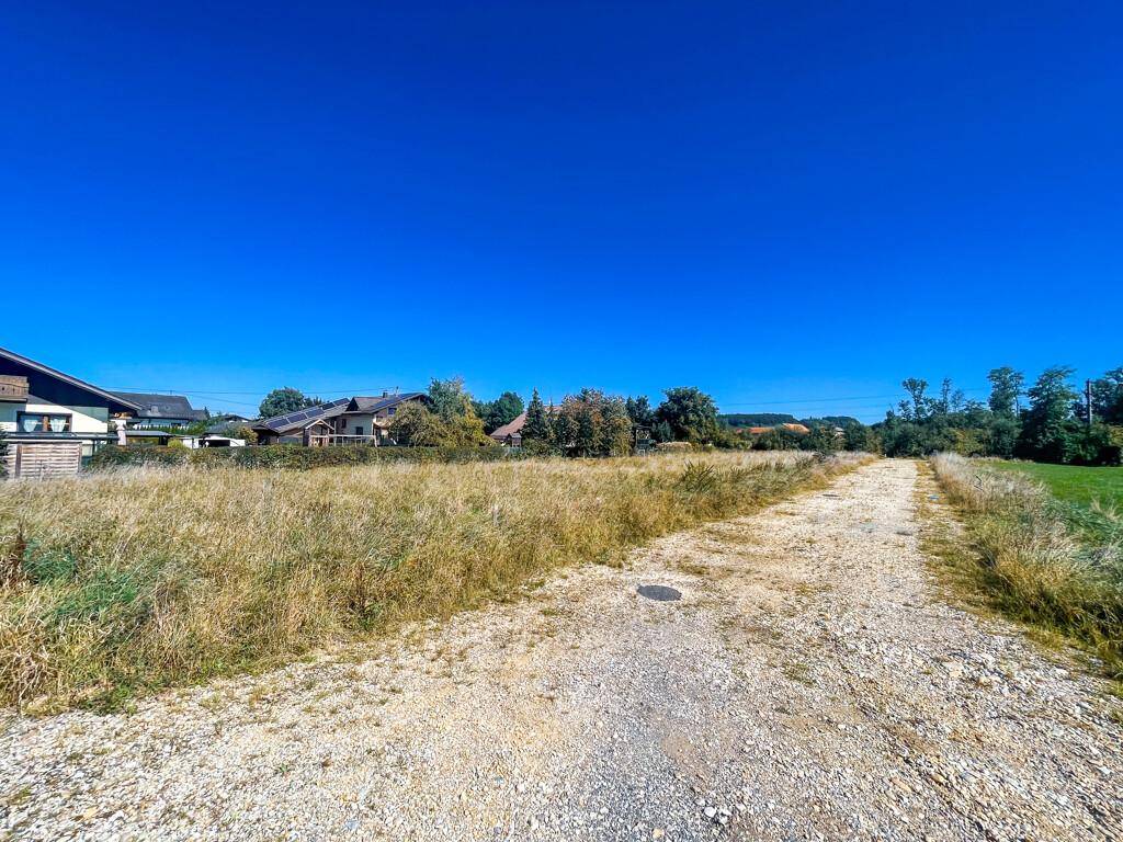Feldweg führt durch eine trockene Wiese mit Häusern in der Ferne unter strahlend blauem Himmel.