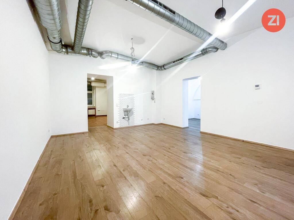 Geräumiger Raum mit Holzboden, weißen Wänden, sichtbaren Lüftungsrohren und einem kleinen Waschbecken.