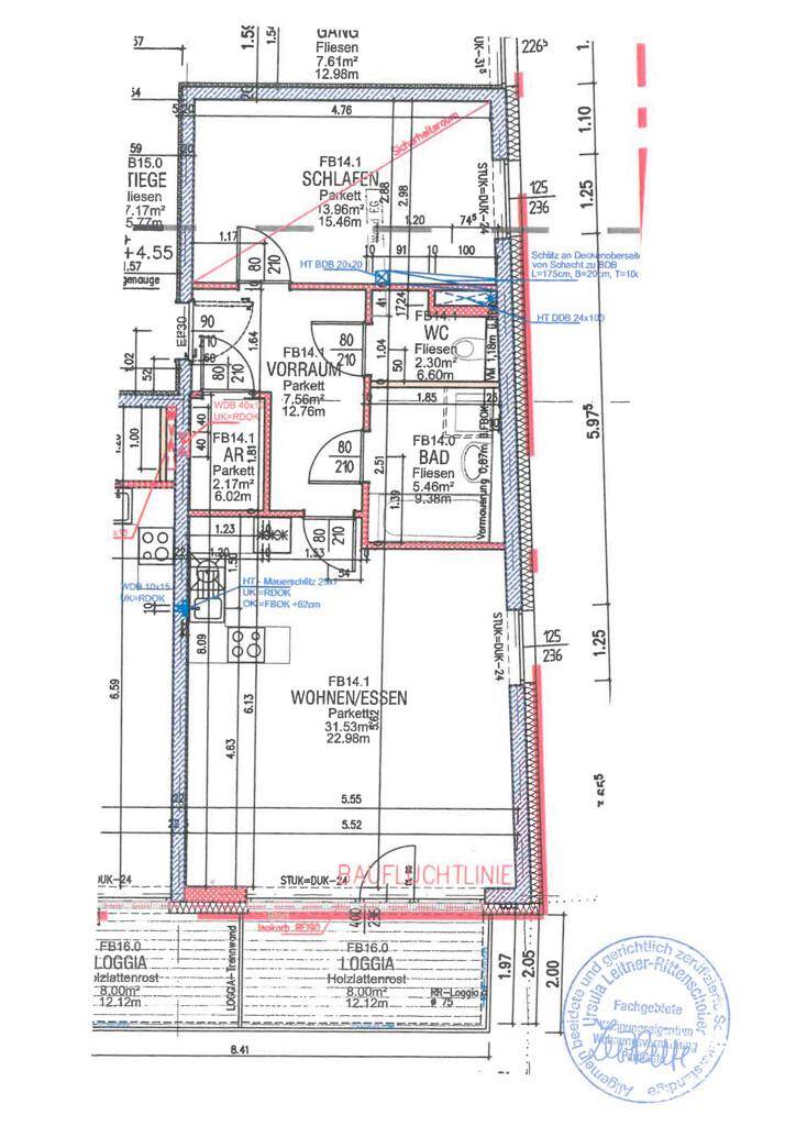Grundrissplan der Wohnung mit offenem Wohn-Essbereich, Schlafzimmer und Loggia.