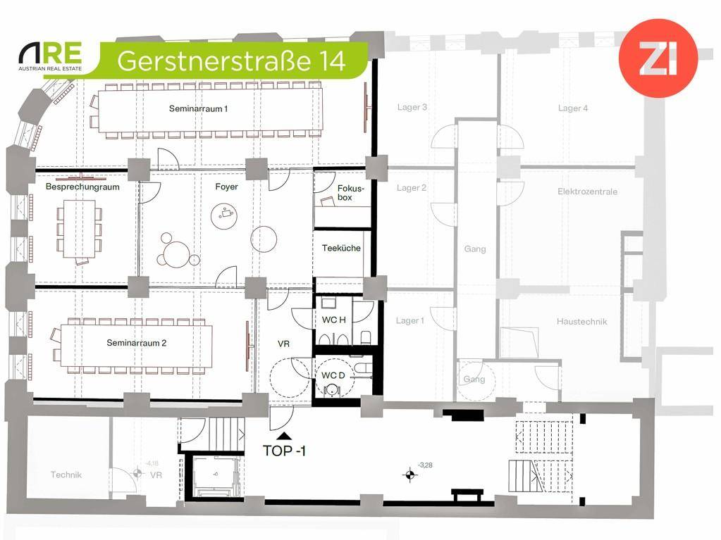 Grundrissplan für eine Gewerbefläche mit Seminarräumen, Besprechungszimmern und Teeküche.