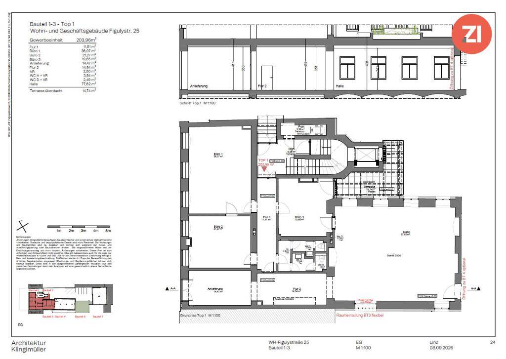 Grundriss eines Wohn- und Geschäftsgebäudes mit mehreren Büros, einer großen Halle und einer überdachten Terrasse.