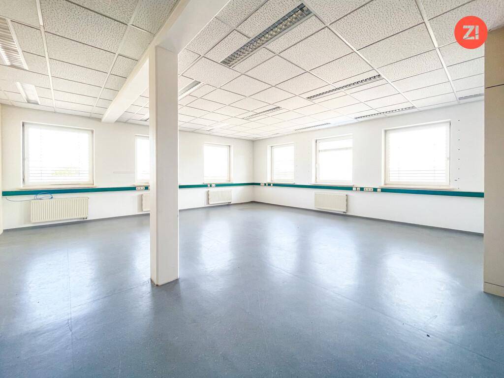 Heller, offener Raum mit Betonboden und einer tragenden Säule, umgeben von Fenstern für viel Tageslicht.