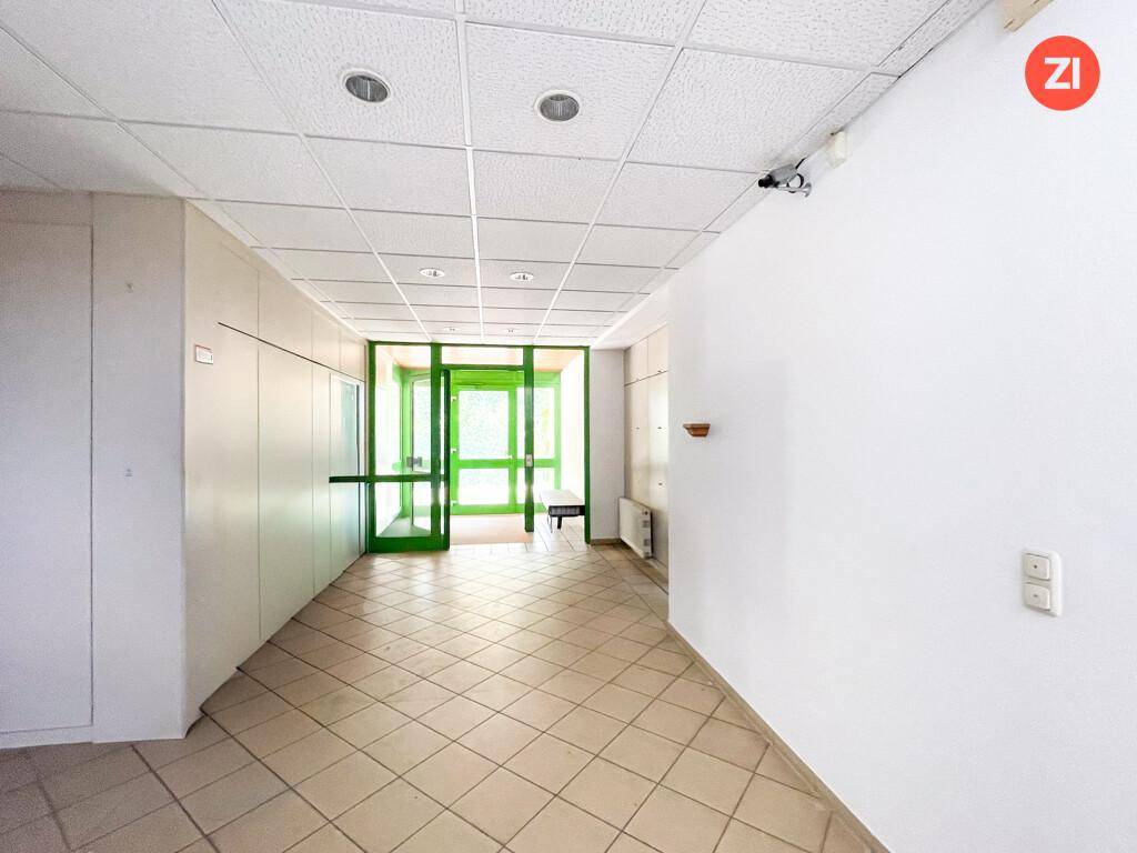 Heller Eingangsbereich mit Fliesenboden, weißen Wänden und grünen Türen, die zu weiteren Räumen führen.