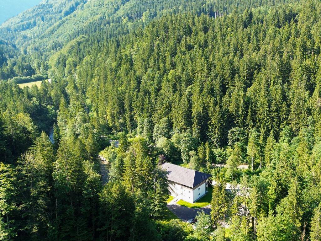 Weitläufige Luftaufnahme des Anwesens, eingebettet in einen dichten, grünen Wald.