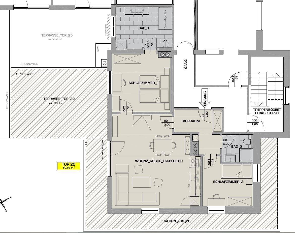 Detaillierter Grundriss einer Wohnung mit zwei Schlafzimmern, zwei Bädern und großzügigen Terrassen.