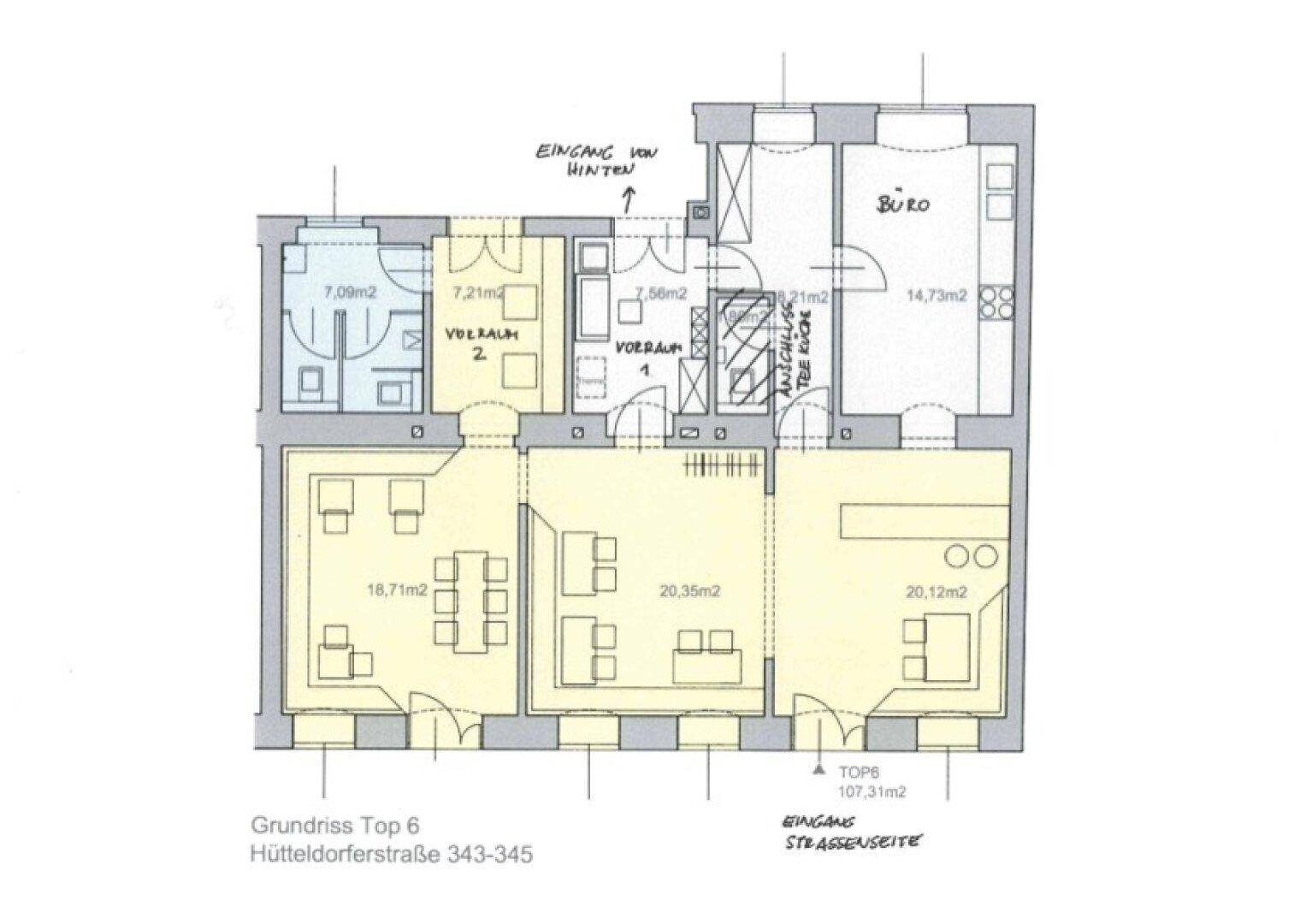 Detaillierter Grundriss der Wohnung Top 6 mit mehreren Räumen und Flächenangaben.
