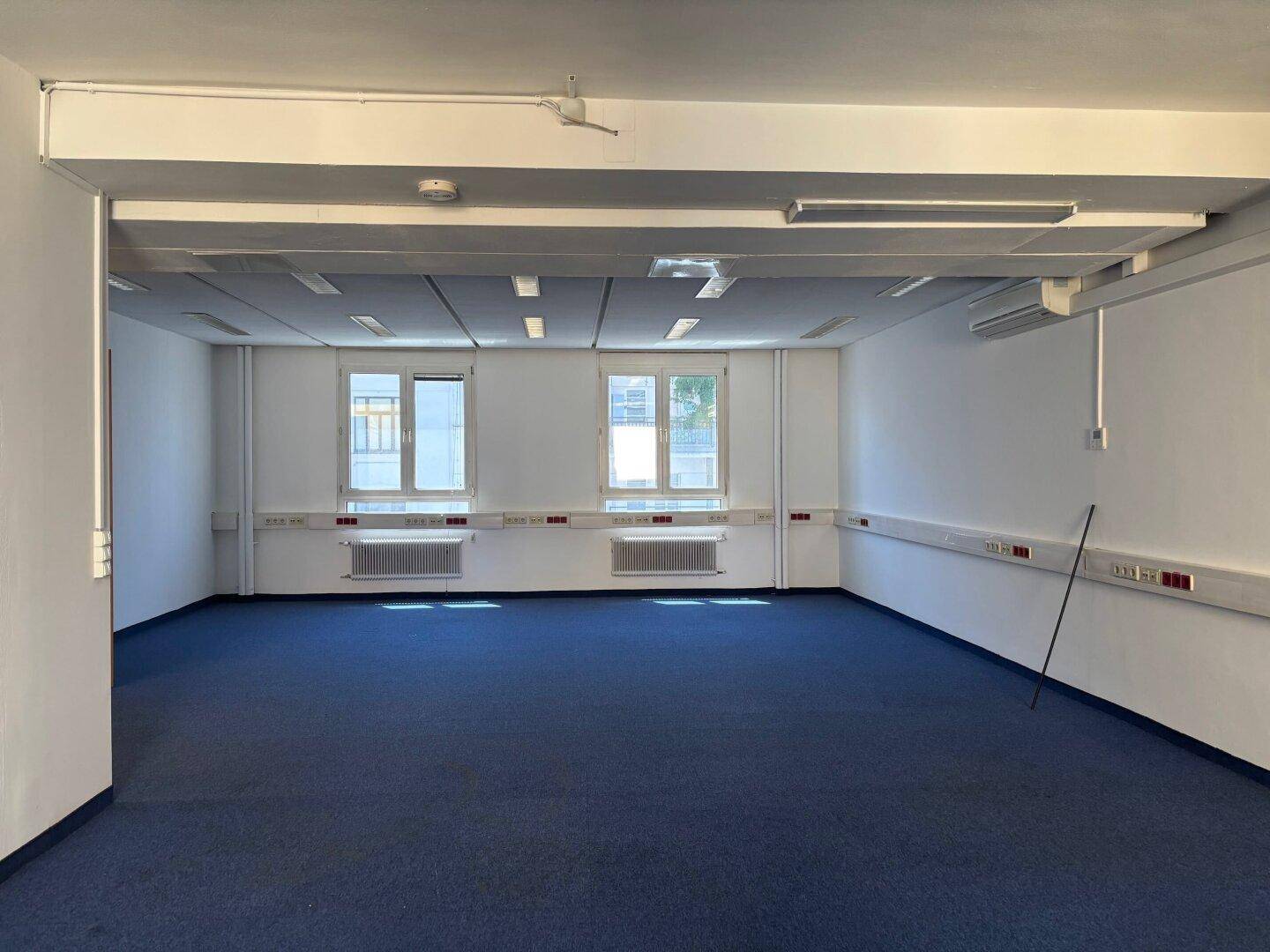 Leerer Büroraum mit blauem Teppichboden, weißen Wänden und zwei großen Fenstern.