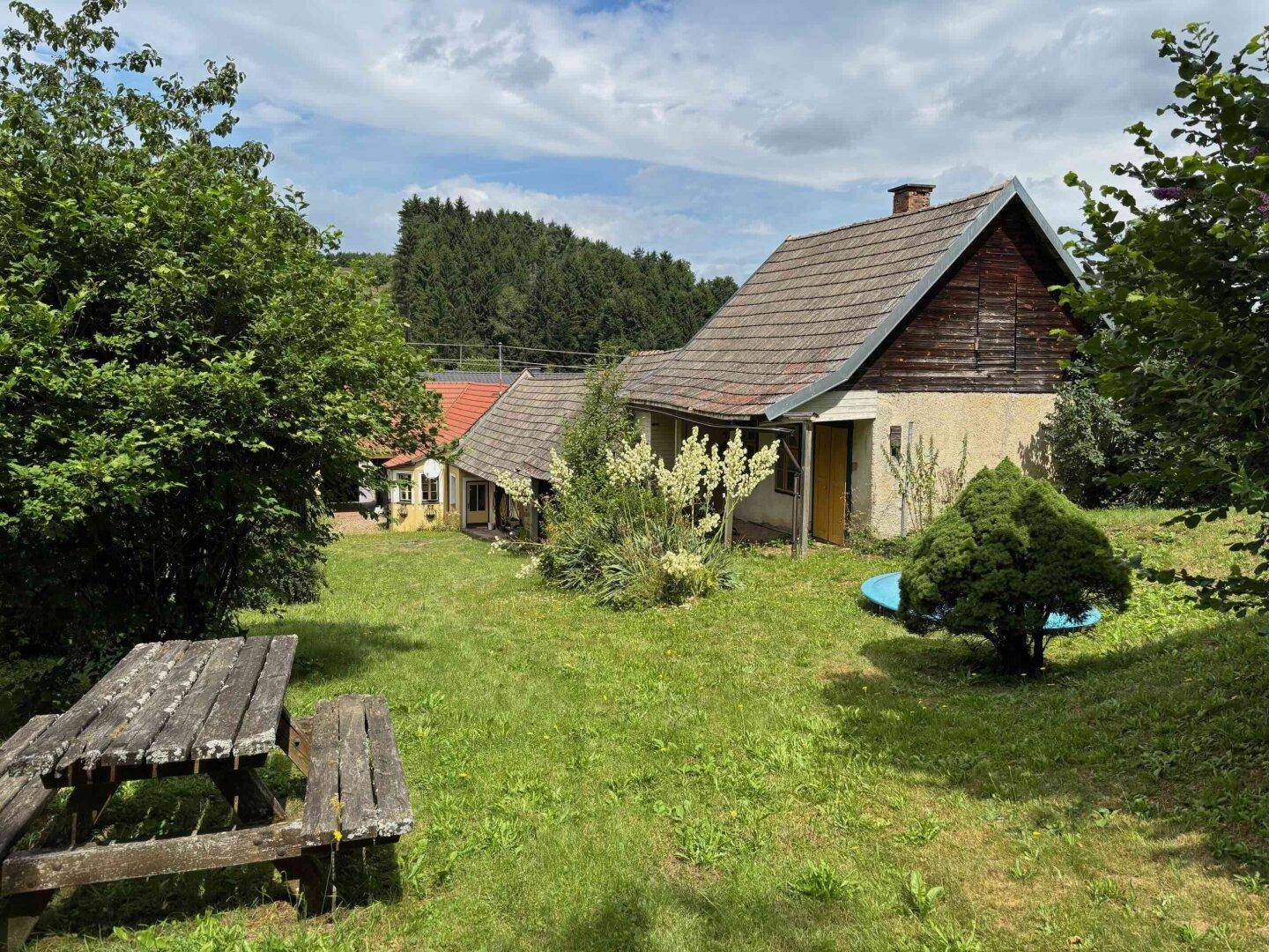 Großer grüner Garten mit Picknicktisch und traditionellem Haus im Hintergrund.