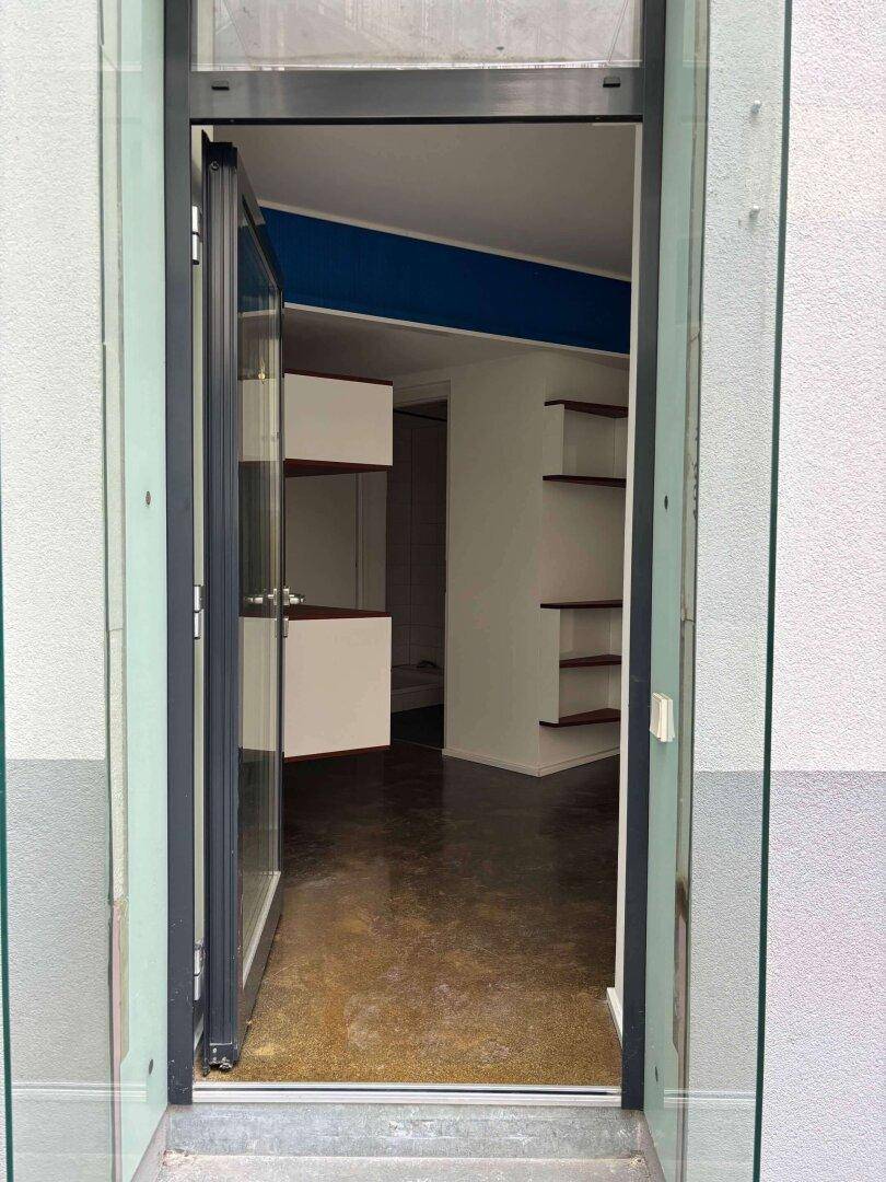 Eingangsbereich mit offener Glastür, die den Blick in einen modernen Raum mit dunklem Boden freigibt.