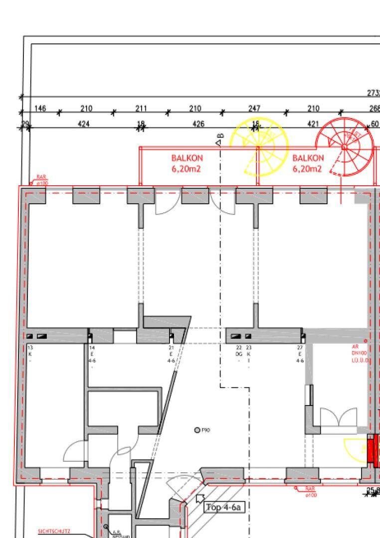 Grundriss einer Wohnung mit klar definierten Räumen und zwei separaten Balkonen.