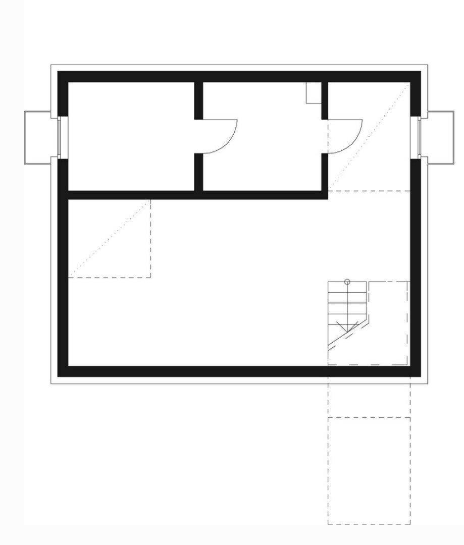 Einfacher Grundrissplan mit zwei Räumen und einem Treppenabgang.