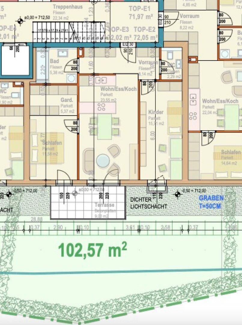 Detaillierter Grundriss einer Wohnung mit Wohn-/Essbereich, Schlafzimmern und Terrasse.