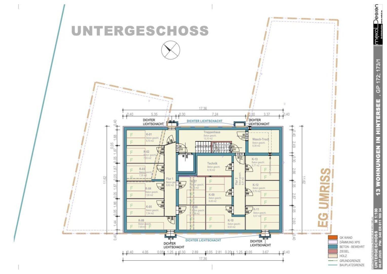 Grundriss des Untergeschosses mit Technikräumen und Abstellflächen für das Gebäude.