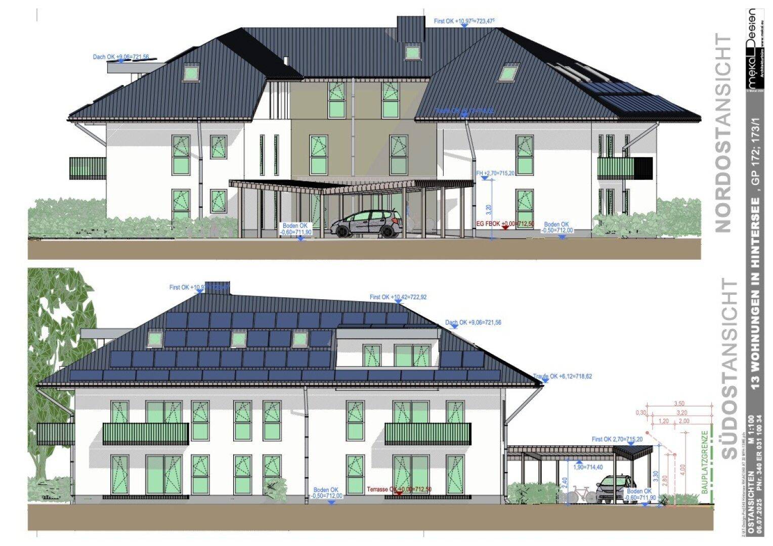 Architektonische Ansichten eines Neubaus mit Balkonen und Solaranlagen auf dem Dach.