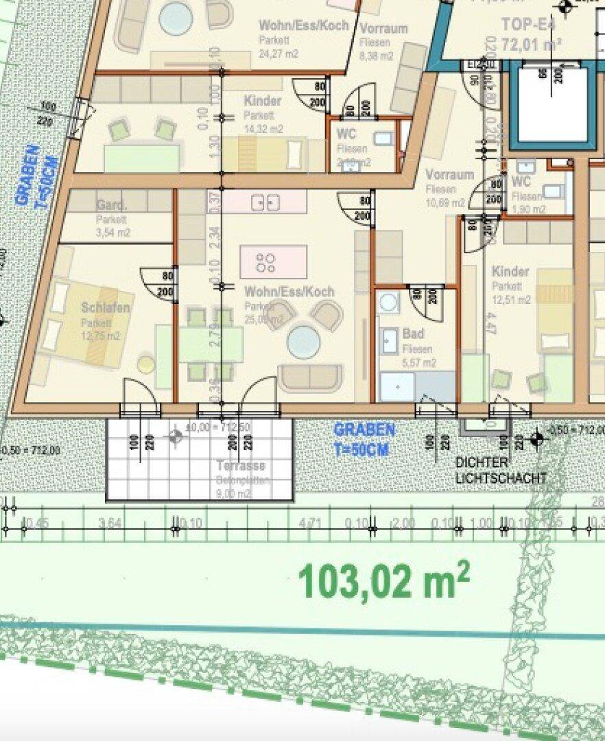 Detaillierter Grundriss einer Wohnung mit offenem Wohn-Ess-Kochbereich und Terrasse.