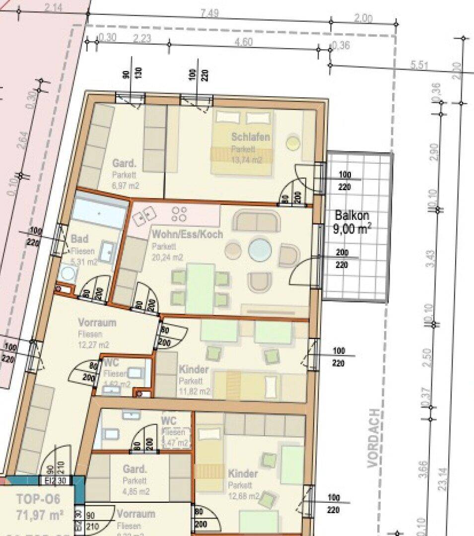 Detaillierter Grundriss einer Wohnung mit Schlafzimmern, Wohn-/Essbereich und Balkon.