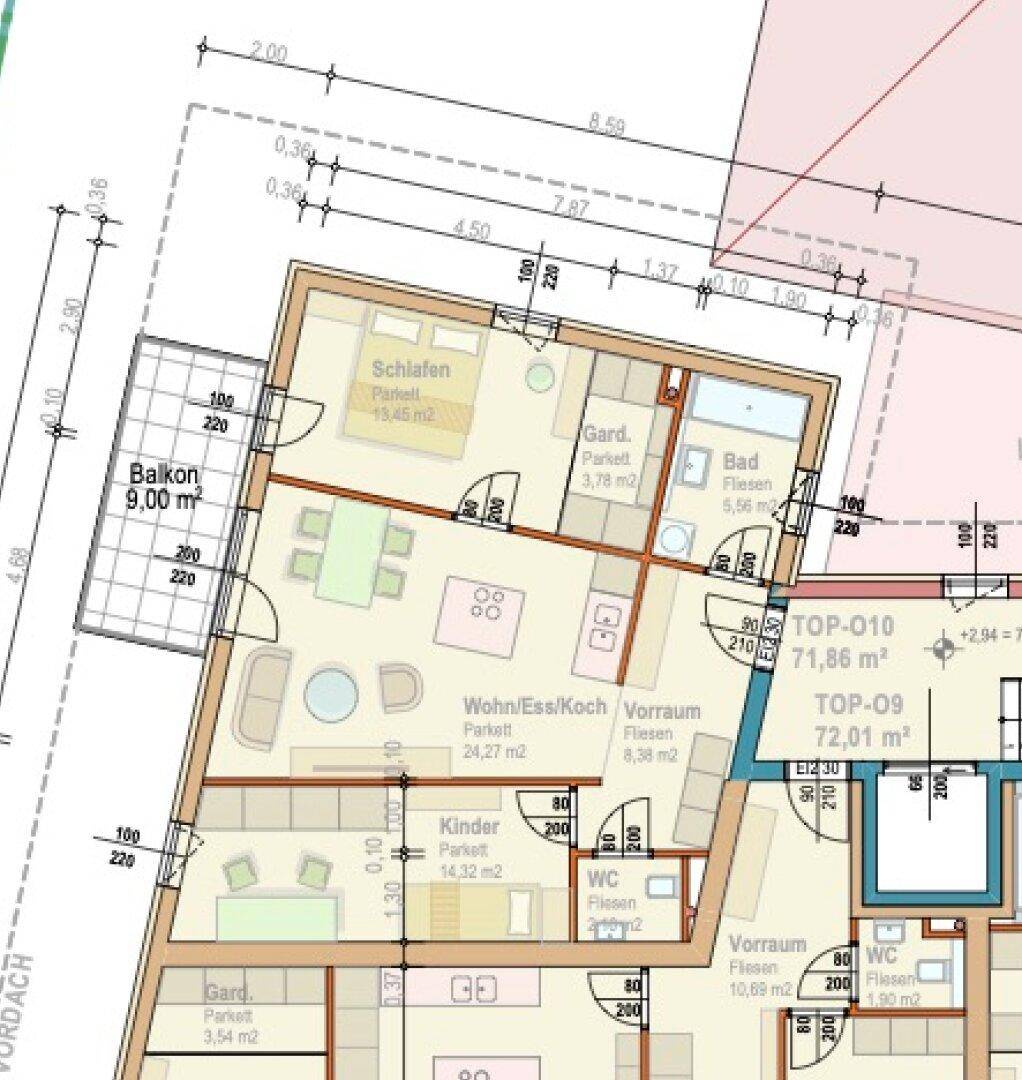 Detaillierter Grundriss einer Wohnung mit Schlafzimmer, Wohn-Ess-Kochbereich und Balkon.